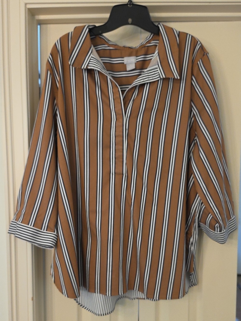 Chico's Tan and White Striped Button-Front Women's Top